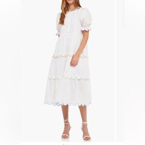 English factory contrast scalloped trim cotton midi dress